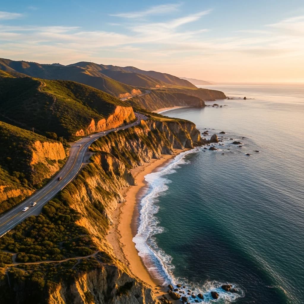Aerial view of the Southern California coastline at golden hour — the Orange County corridor where Dr. Castellano has practiced for three decades