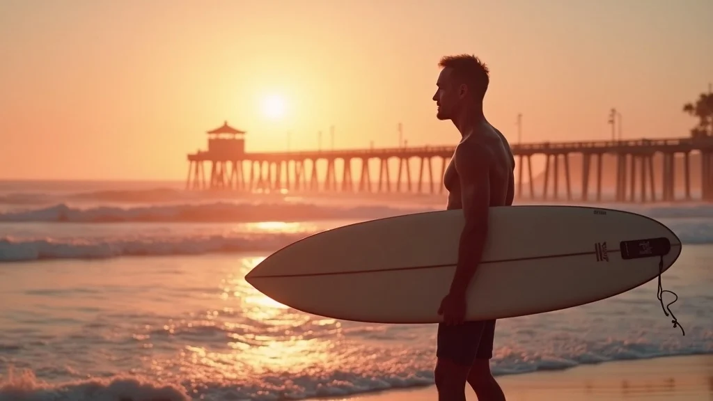 A surfer at Newport Beach pier at dawn — the Orange County coastal lifestyle that Castellano patients live in