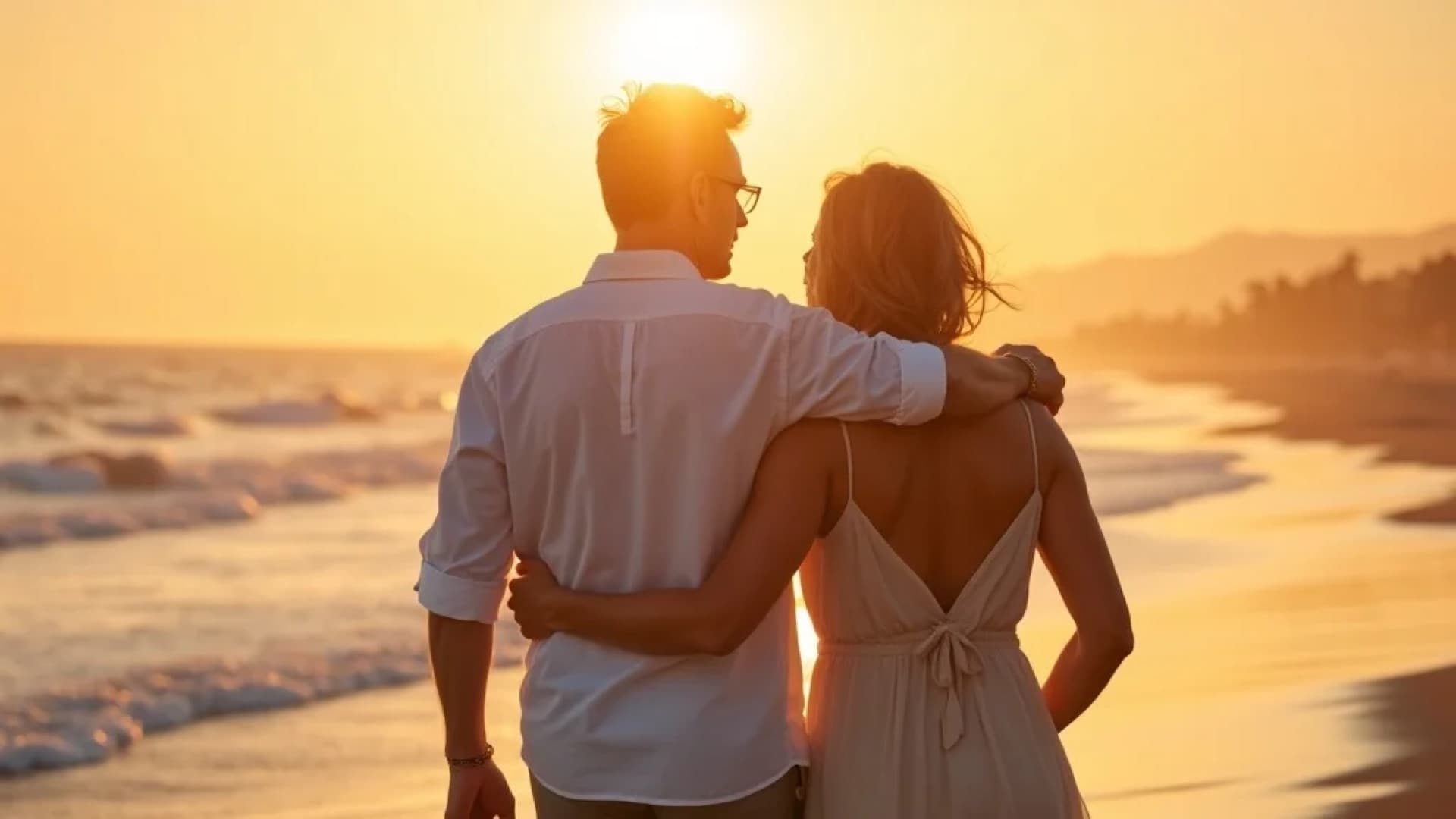 Mid-life couple embracing on a shoreline at golden-hour sunset, looking out at the ocean — the everyday quality-of-life return that honest TRT pricing buys back