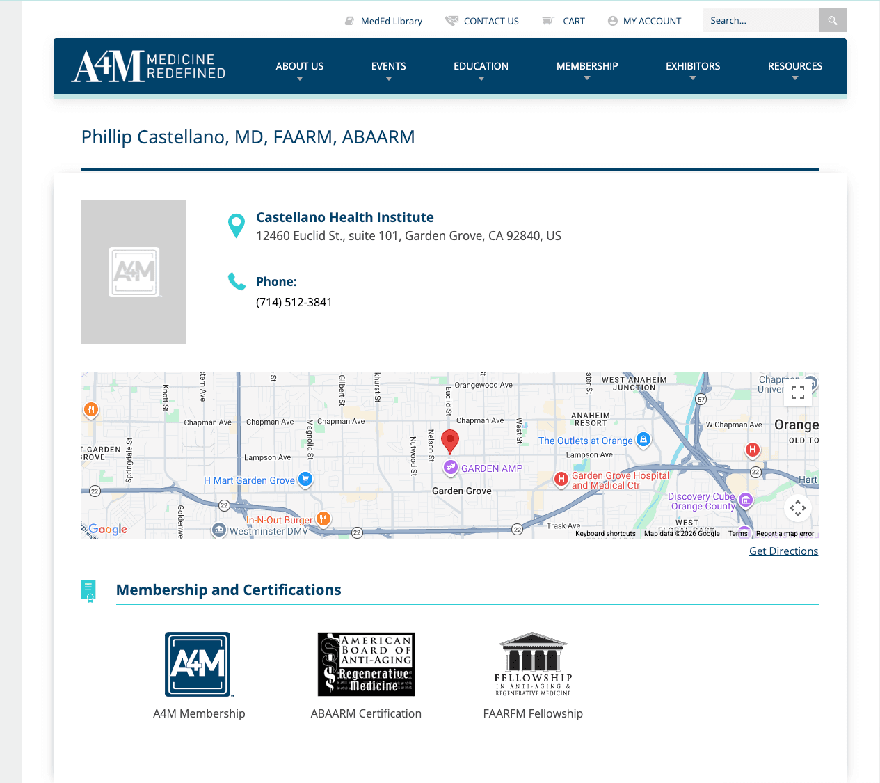 A4M Find a Provider profile for Phillip Castellano, MD, FAARM, ABAARM — showing the A4M Membership, ABAARM Certification, and FAARFM Fellowship credential badges.