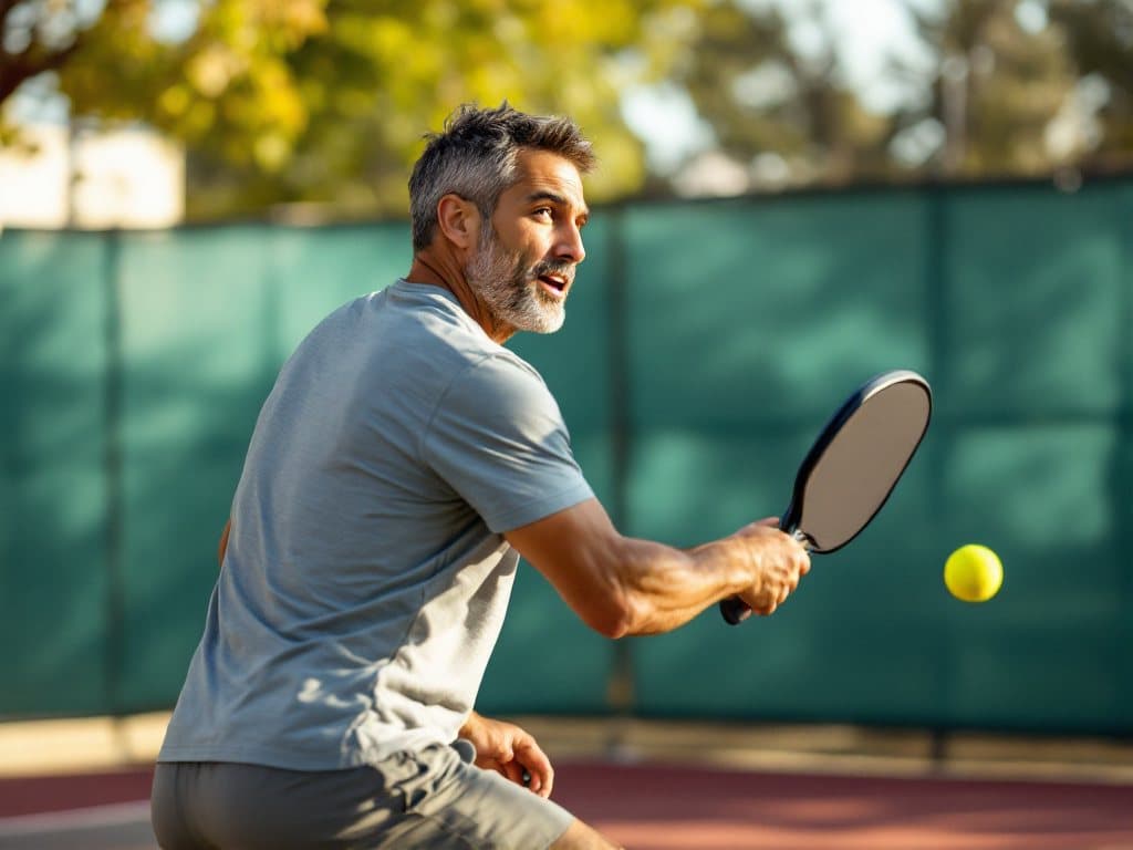 A man in his forties mid-swing on a pickleball court, eyes on the ball