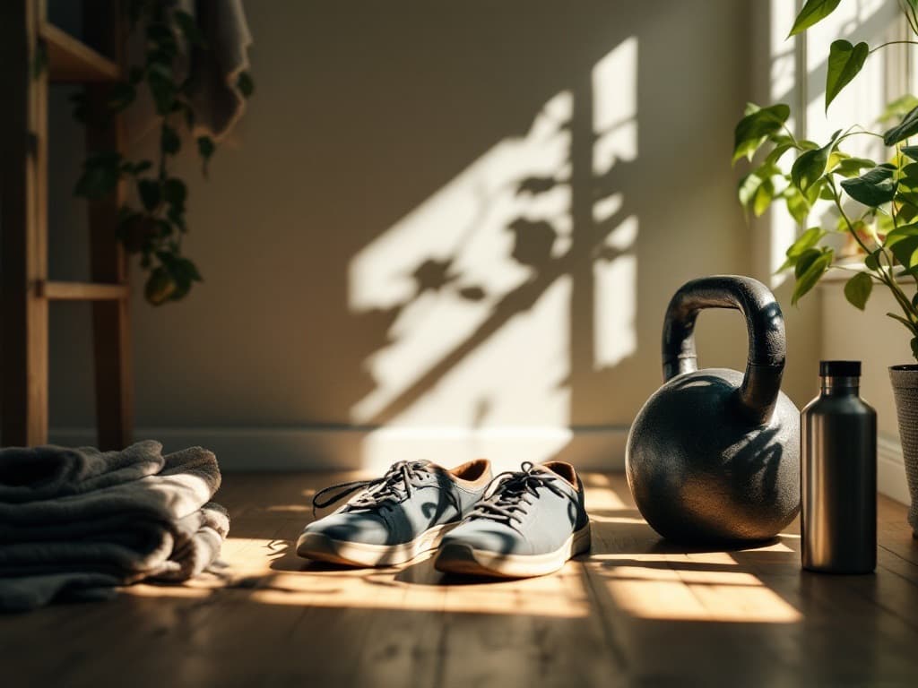 Training shoes, a kettlebell and a water bottle on a sunlit floor