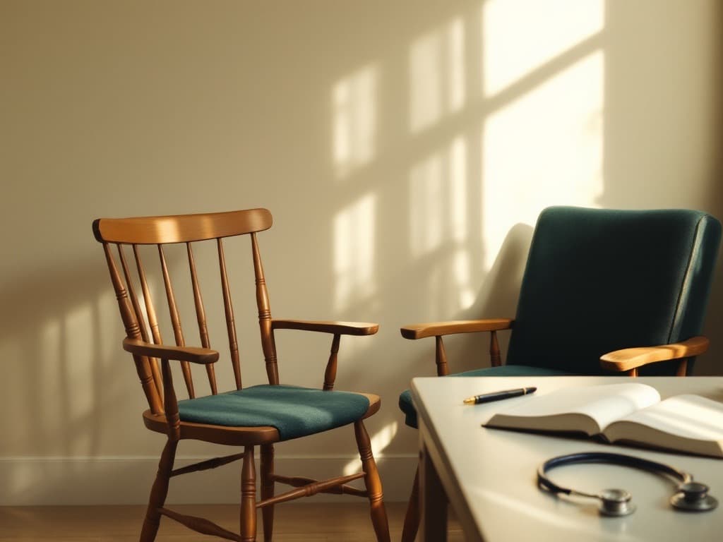 Two chairs in a quiet, sunlit consultation room with a stethoscope on the desk