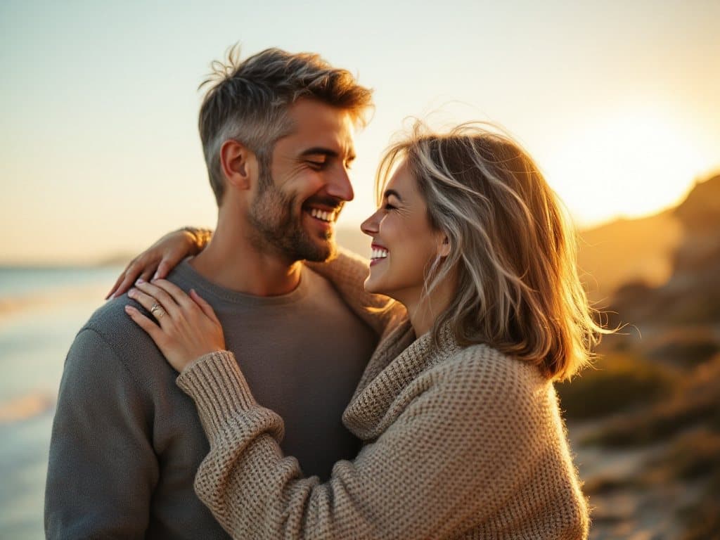 A couple in their forties embracing on the beach at golden hour, laughing with each other