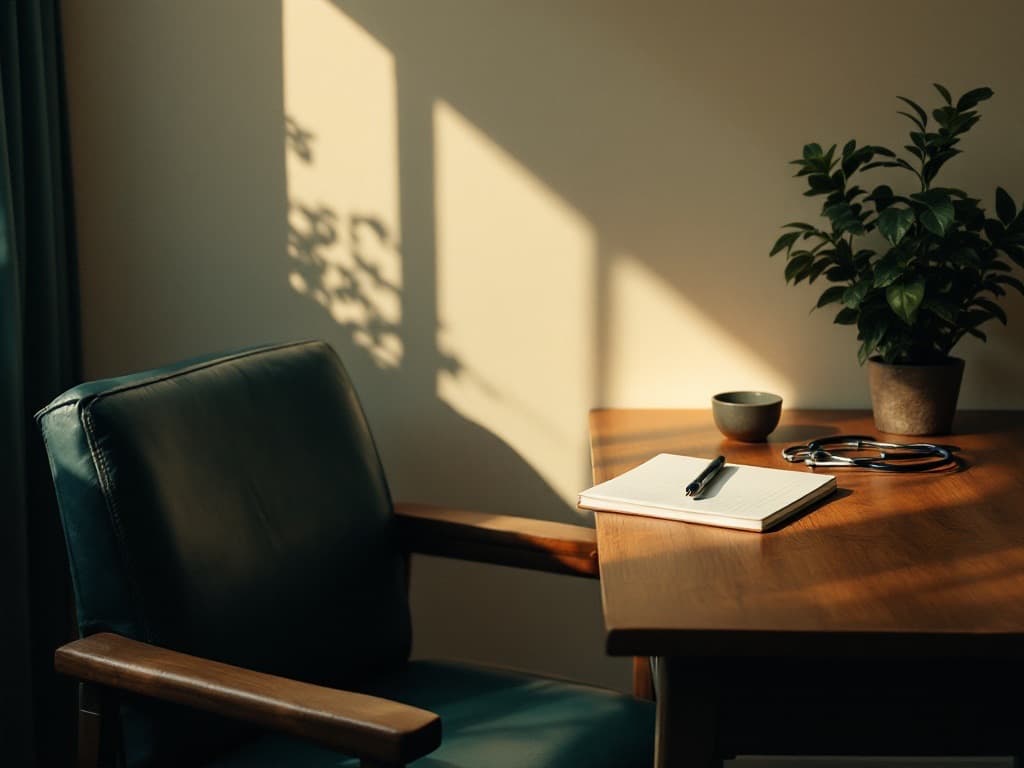 A quiet consultation desk and chair in afternoon light
