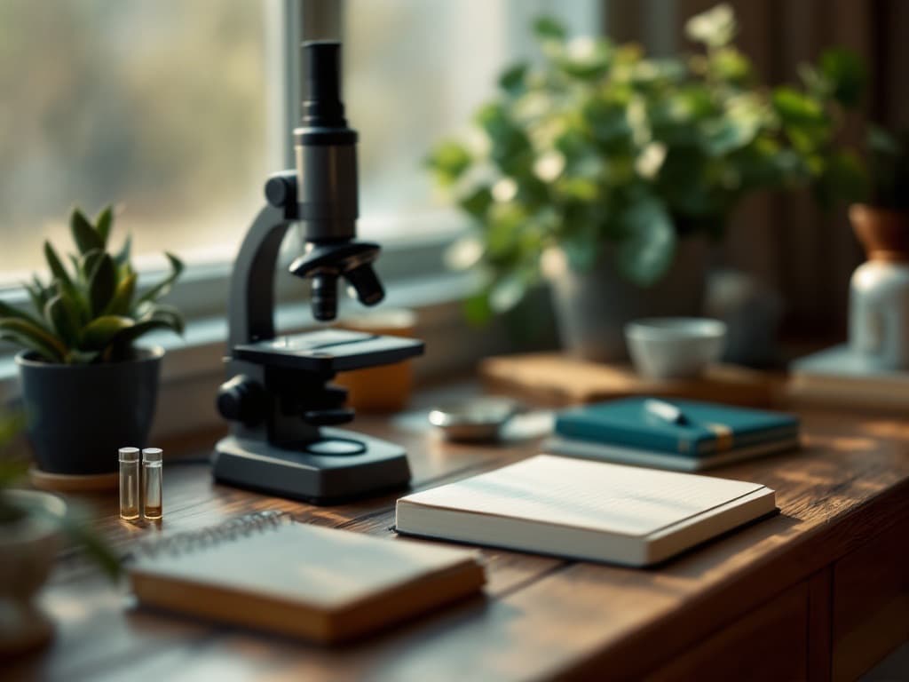 A microscope and notebooks on a desk by a sunny window