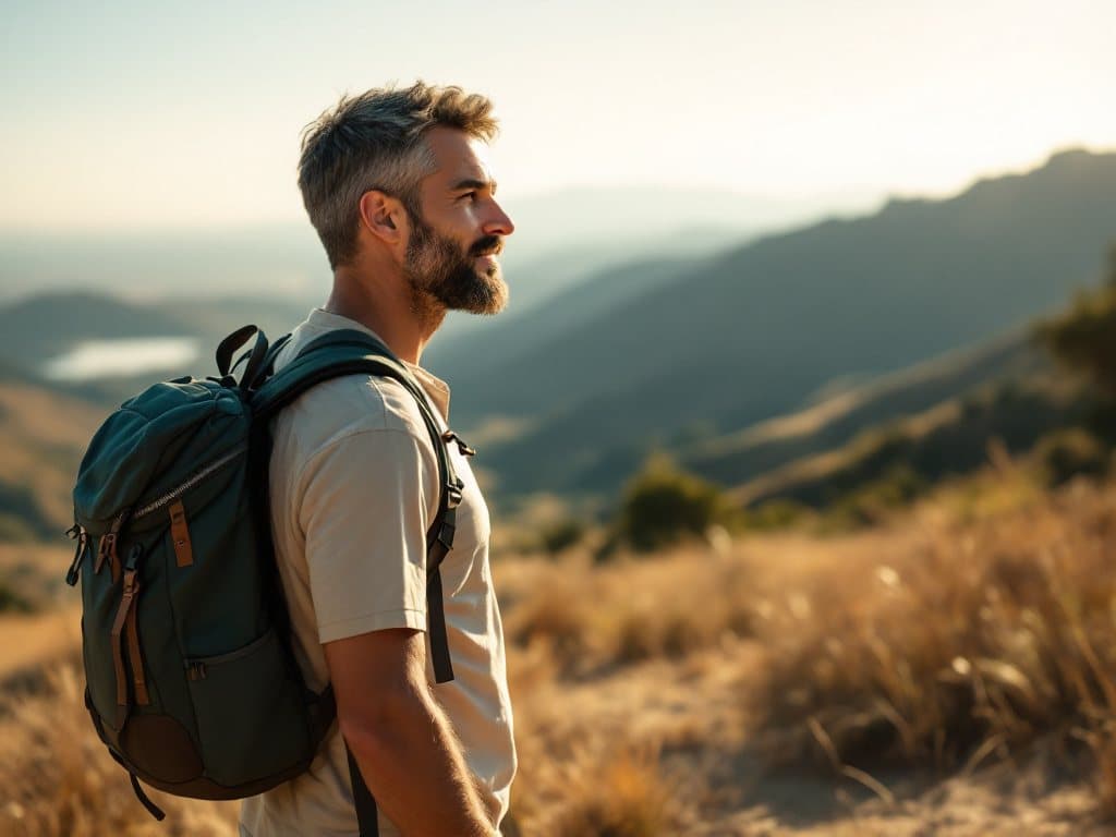 A man in his forties with a daypack pausing on a hillside trail, looking out over the valley