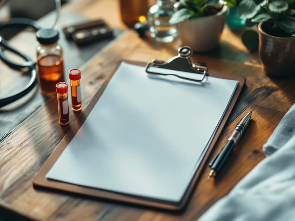 A blank clipboard, two blood tubes and a stethoscope on a wooden desk