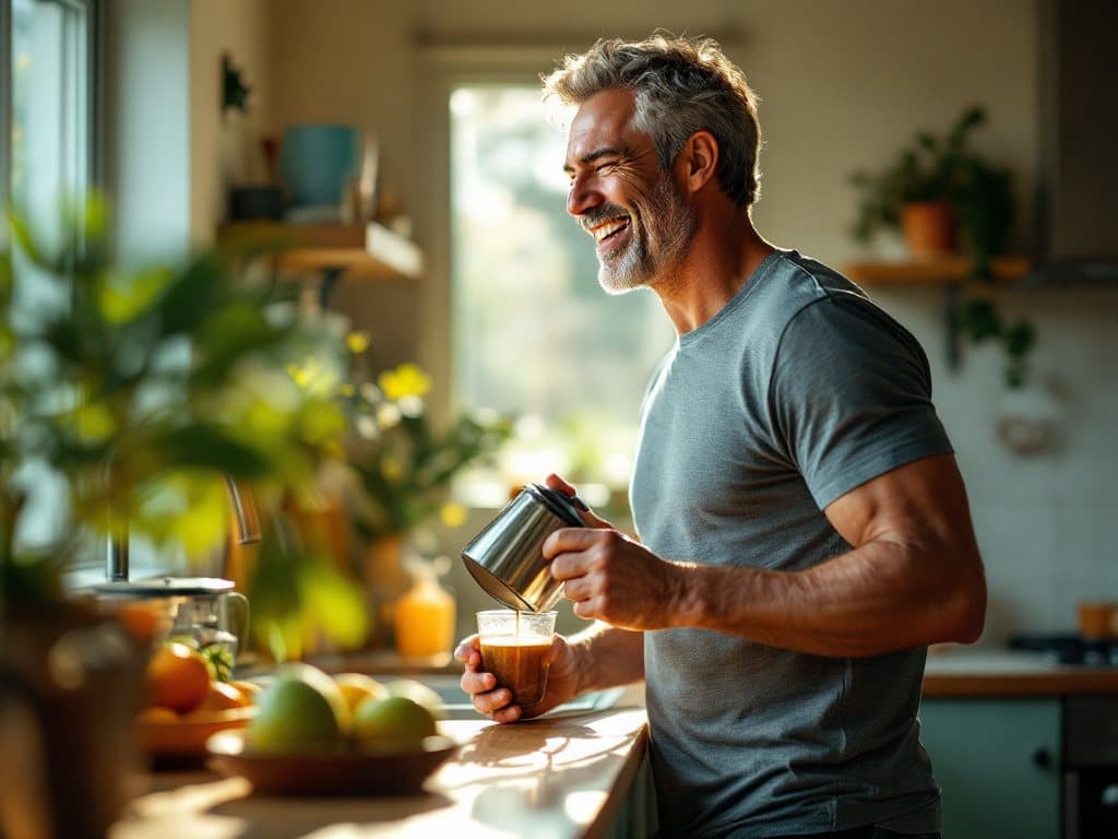 A man in his forties pouring coffee in a sunlit kitchen after a morning workout, laughing
