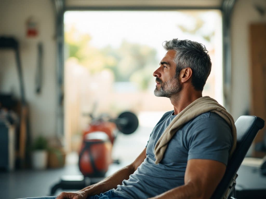 A man in his forties resting on a weight bench in a garage gym, towel over his shoulder