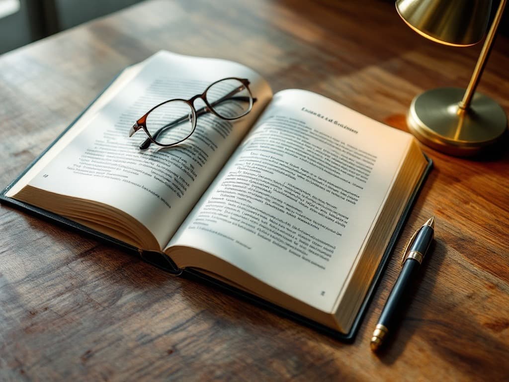 An open research journal with reading glasses and a pen under a desk lamp