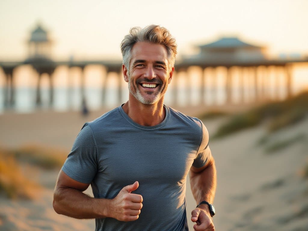 A man in his forties jogging a coastal path at sunrise, smiling, with a pier behind him