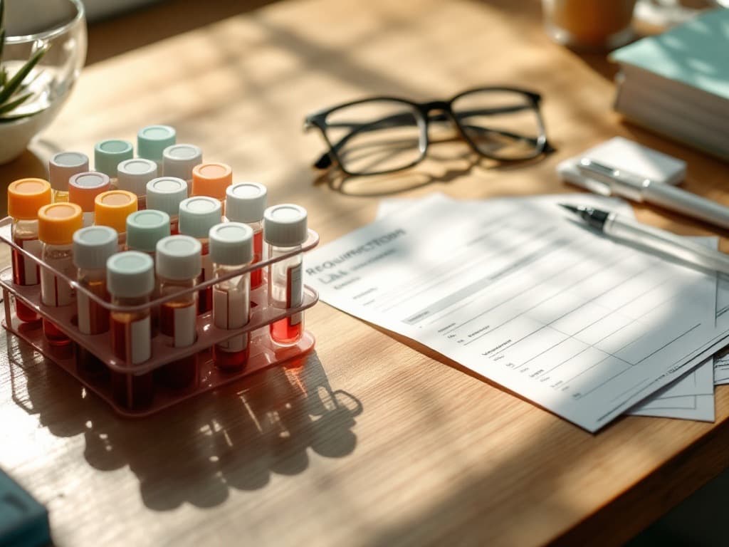 A rack of blood-draw tubes beside a lab requisition and reading glasses on a sunlit desk