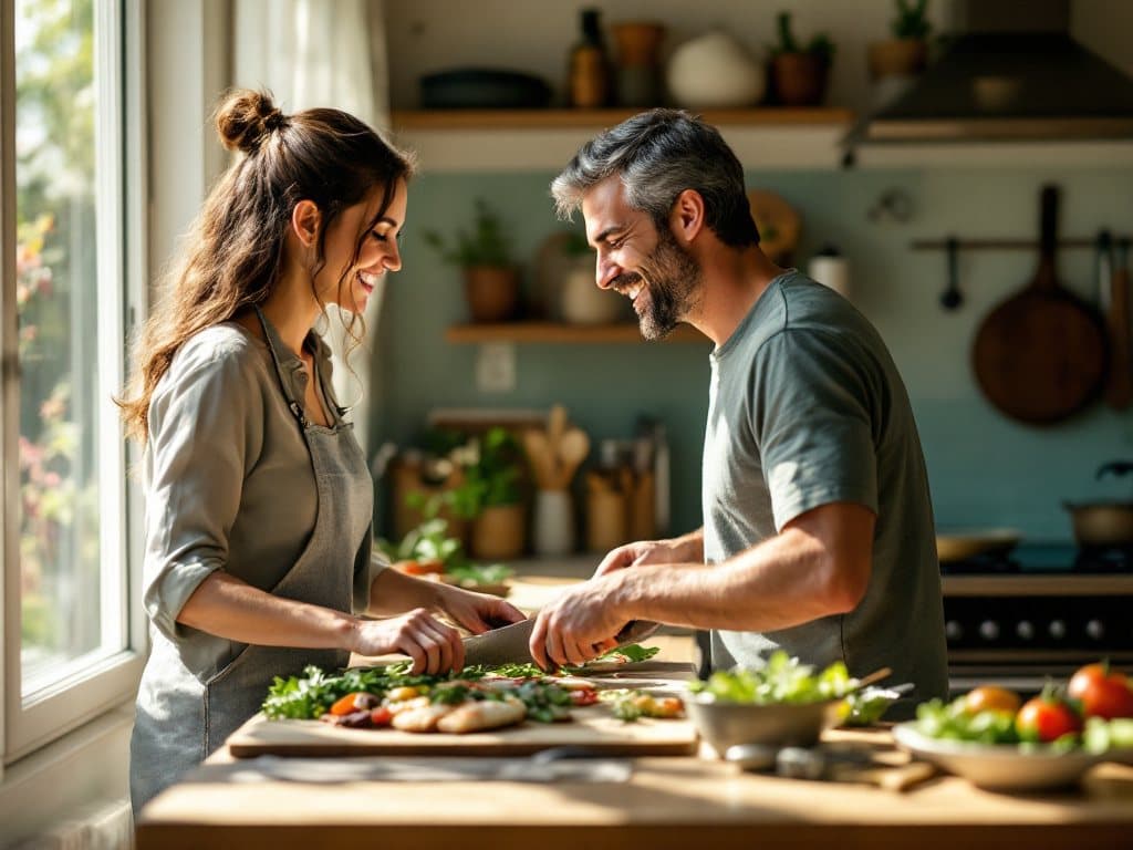 A couple in their forties cooking a vegetable-heavy dinner together in their kitchen, laughing