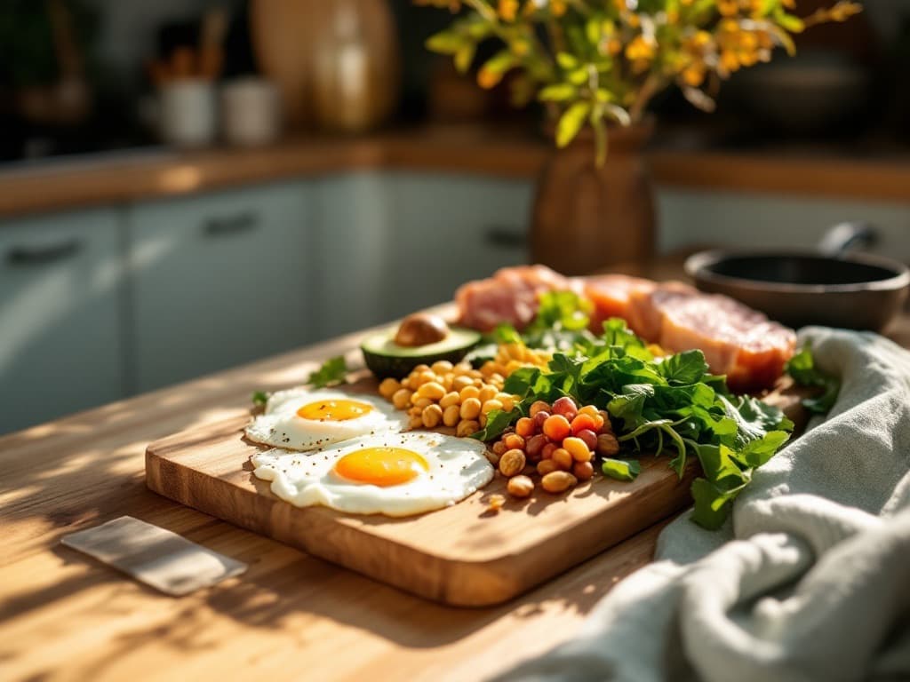 A breakfast board of eggs, greens, beans and lean protein on a kitchen table
